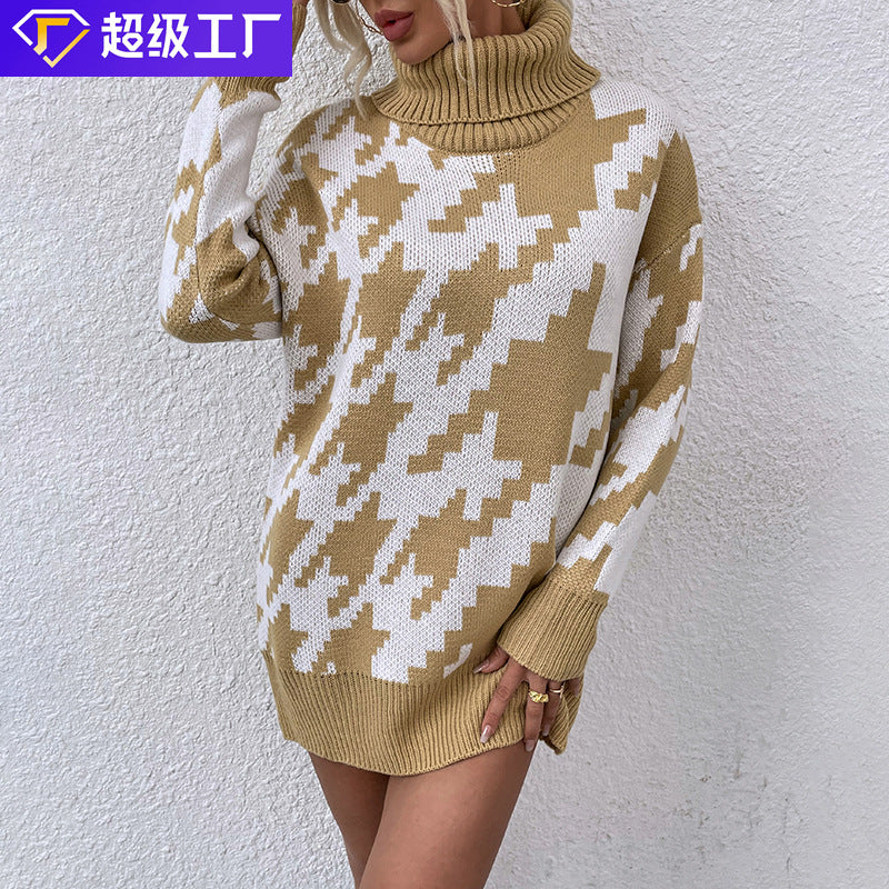 Damen Oversized Pullover mit Hohem Kragen und Modernem Muster EB