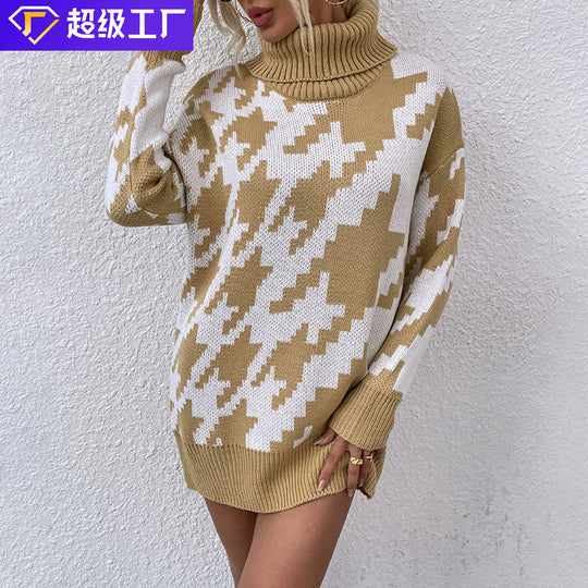 Damen Oversized Pullover mit Hohem Kragen und Modernem Muster EB