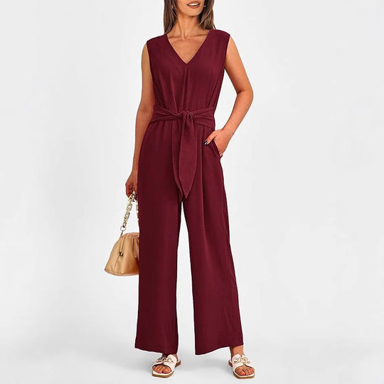 Damen Elegantes Jumpsuit mit V-Ausschnitt und tailliertem Bindegürtel EB