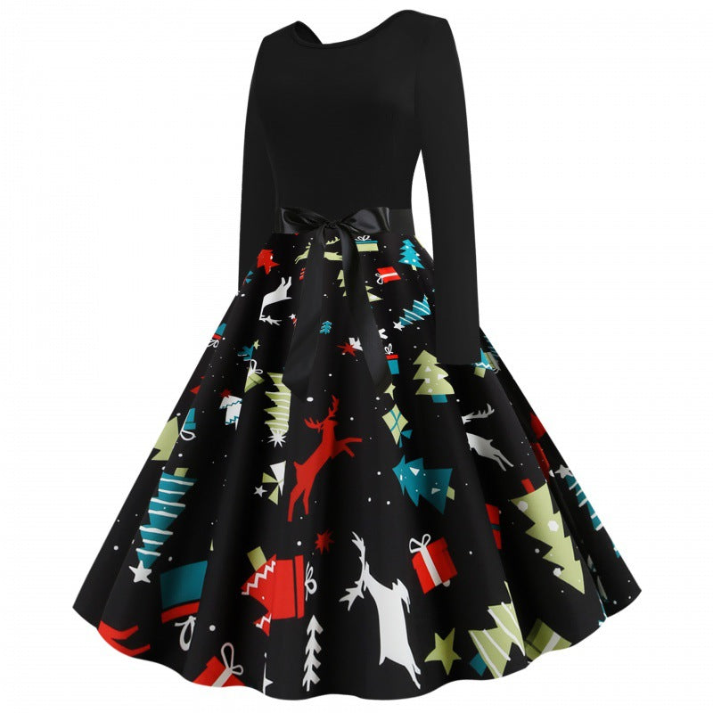 Damen Tailliertes Retro Kleid mit voluminösem Tellerrock und Weihnachtsprint EB