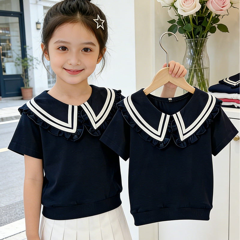 Mädchen T-Shirt mit elegantem Rüschenkragen und maritimem Streifen EB