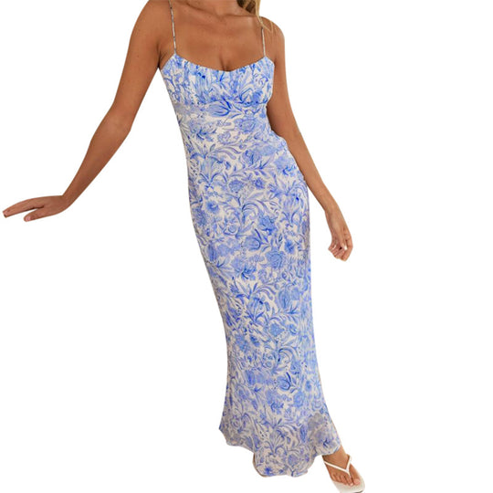 Damen elegantes Maxikleid mit floralem Design und dünnen Trägern EB
