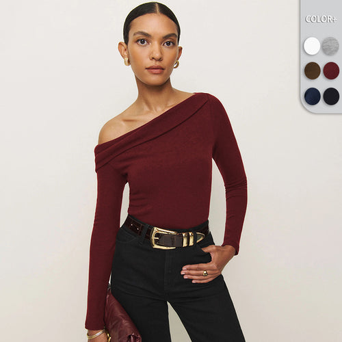 Damen Elegantes Langarmoberteil mit schrägem Ausschnitt und figurbetontem Schnitt EB