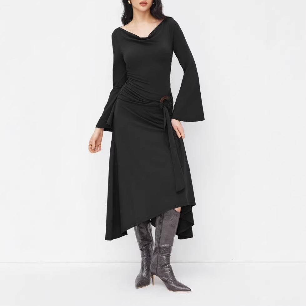 Damen Asymmetrisches Midikleid mit Wasserfallkragen, Glockenärmeln und seitlichem Ringdetail EB