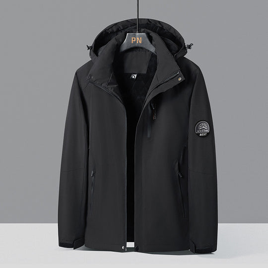 Herren zweifarbige Softshell-Outdoorjacke mit winddichter Membran, verstellbarer Kapuze und verdeckter Brusttasche EB