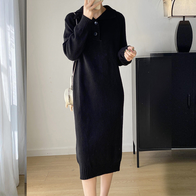 Damen Strickkleid mit Knopfverschluss und hohem Kragen EB