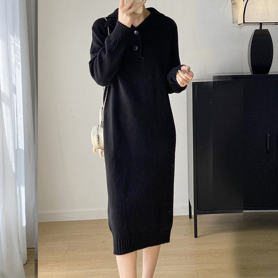 Damen Strickkleid mit Knopfverschluss und hohem Kragen EB