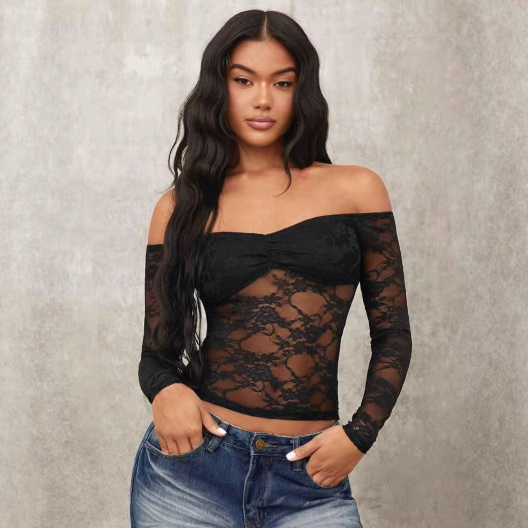 Damen Off-Shoulder Spitzenoberteil mit langen Ärmeln und romantischen Details EB