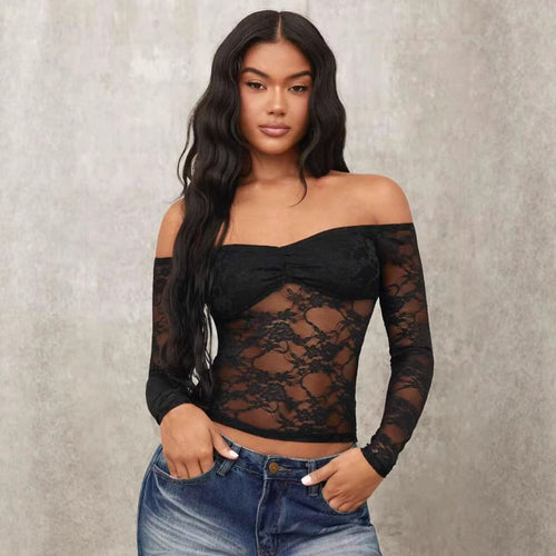 Damen Off-Shoulder Spitzenoberteil mit langen Ärmeln und romantischen Details EB
