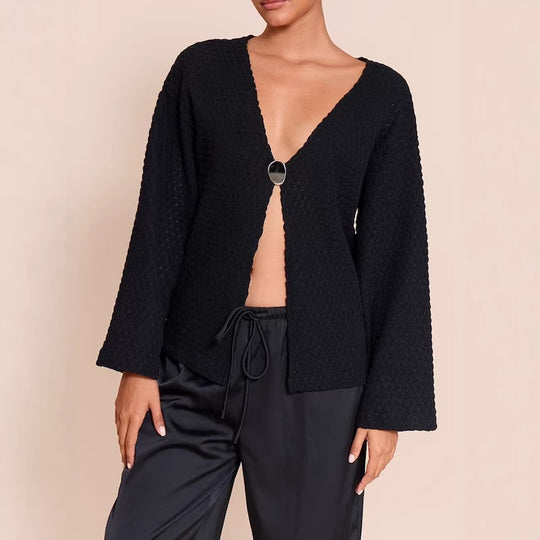 Damen Strukturierter Waffelstrick-Cardigan mit tiefem V‑Ausschnitt, Ein-Knopf-Verschluss und lässigen Oversize-Ärmeln EB