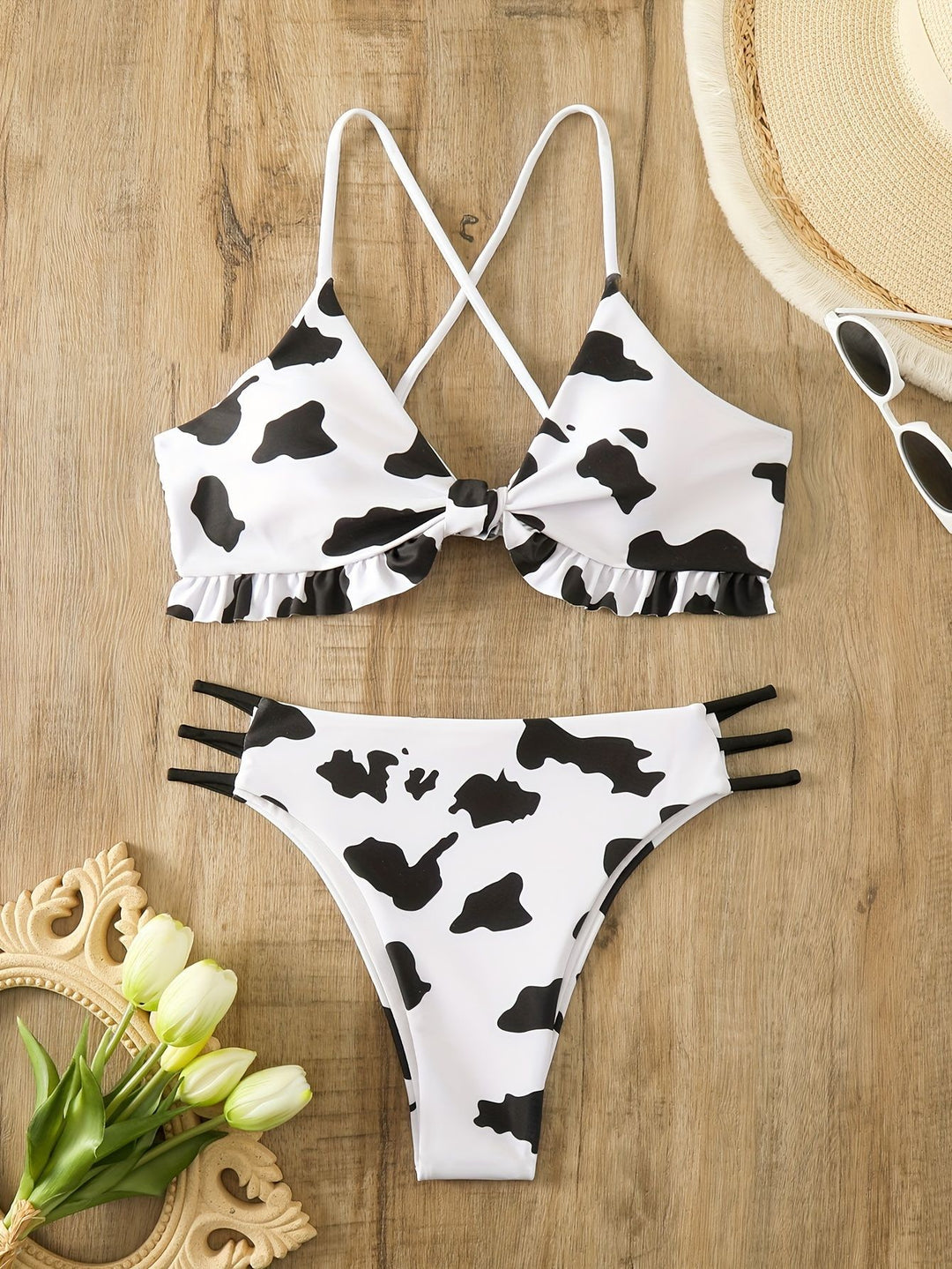 Damen Triangel-Bikini mit franjendetail und verspieltem Kuhmuster EB
