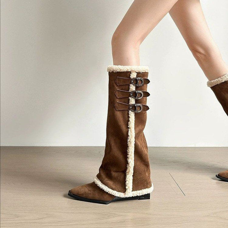 Damen hohe Stiefel mit weichem Kunstfellkragen und detaillierter Schnürfront EB