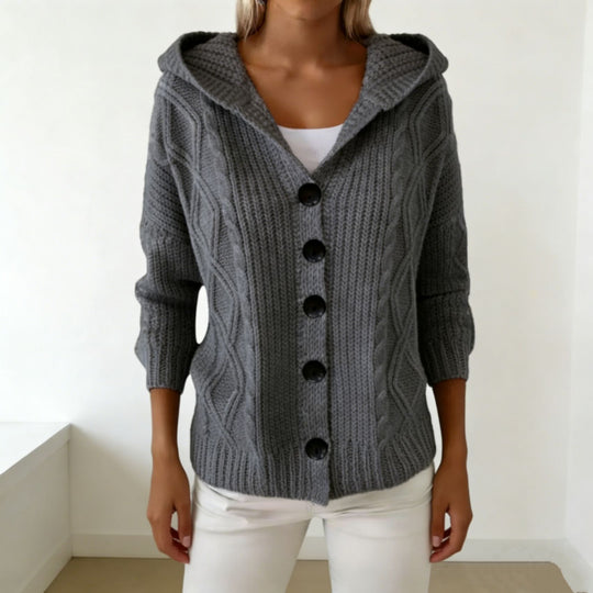 Damen Kapuzen-Cardigan aus grobem Zopfstrick mit Knopfverschluss EB
