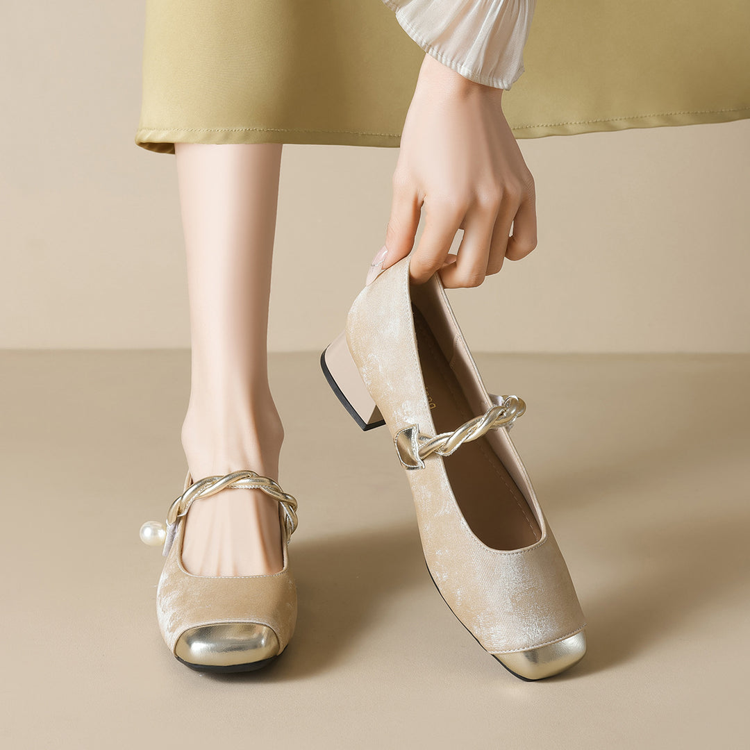 Damen elegante Ballerinas mit luxuriösem Perlenschmuck und modischem Riemendesign EB