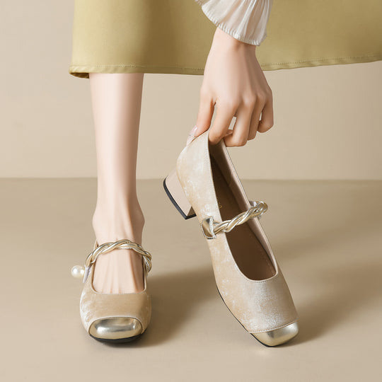 Damen elegante Ballerinas mit luxuriösem Perlenschmuck und modischem Riemendesign EB