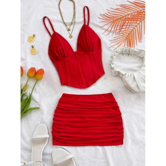 Damen Crop-Top und Mini-Rock Set mit Rüschendetails EB