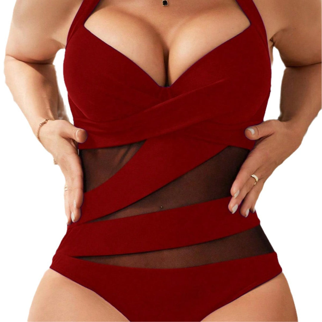 Damen Einteiler Badeanzug mit modischem Wickel-Design und transparenten Einsätzen EB
