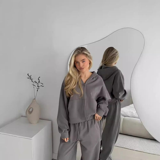 Damen nan cropped Kapuzenjacke mit durchgehendem Reißverschluss und taillenhoher Jogginghose Set EB