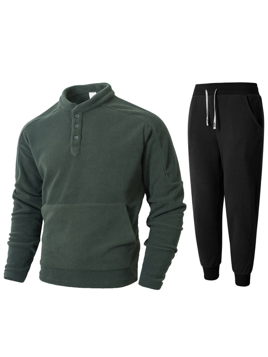 Herren kuscheliges Fleece- Trainingsanzug-Set mit Knopfleiste und praktischen Taschen EB