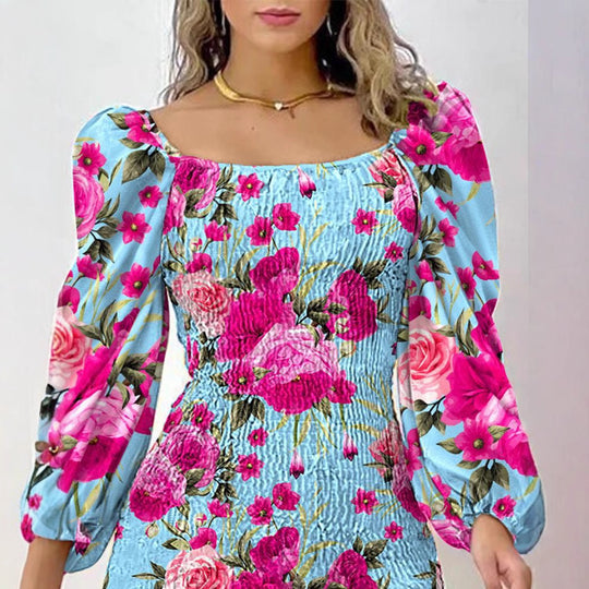Damen Minikleid mit Puffärmeln und floralem Faltenmuster EB