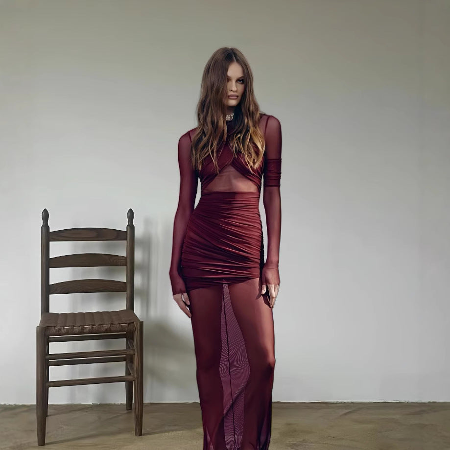 Damen Figurbetontes Wickelkleid mit raffinierten Drapierungen und langem Arm EB