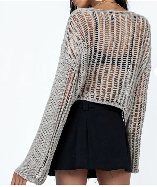 Damen luftiges Cropped Strickoberteil mit weit geschnittenen Ärmeln EB