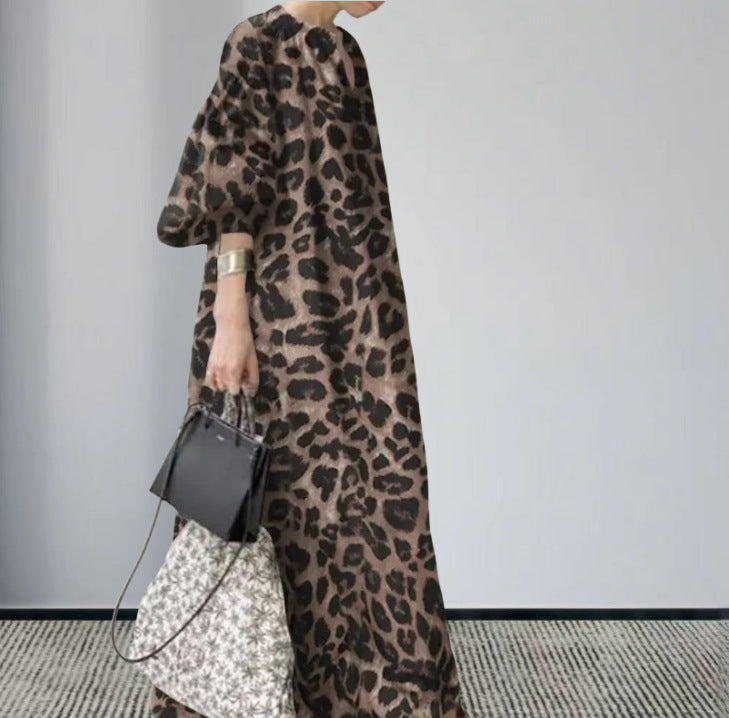 Damen Langarm Maxi-Kleid im auffälligen Leopardenmuster EB