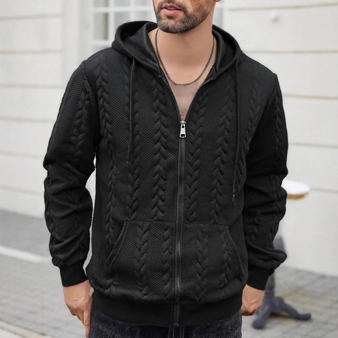 Herren nan strukturierte Kapuzen-Sweatjacke mit Zopfmuster, durchgehendem Reißverschluss und Kängurutasche EB