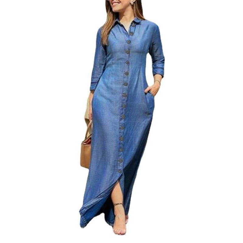 Damen Maxikleid Hemdblusenkleid mit Knopfleiste und Seitentaschen EB