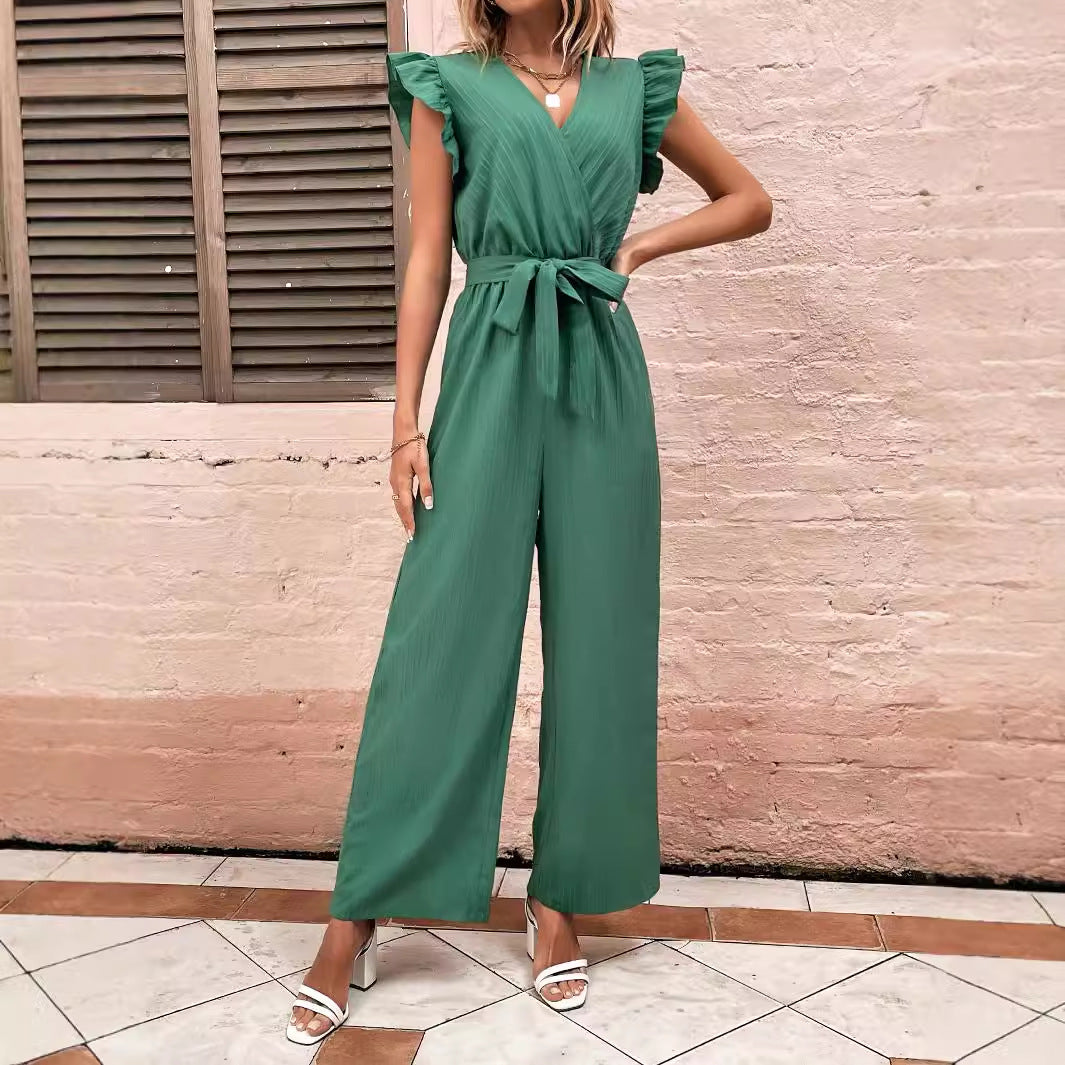 Damen Eleganter Jumpsuit mit Taillengürtel und Rüschendetails EB