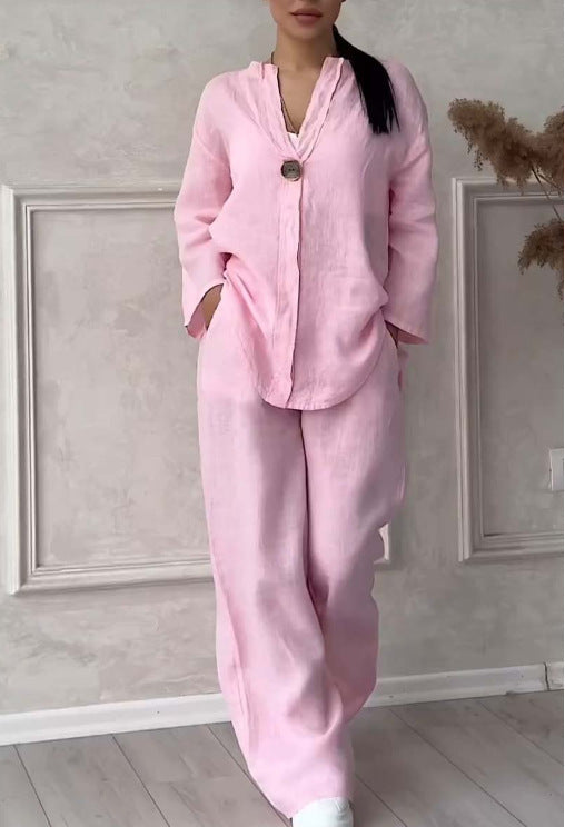 Damen nan lässiges Leinen-Relax-Set mit weiter Hose und Hemdbluse EB