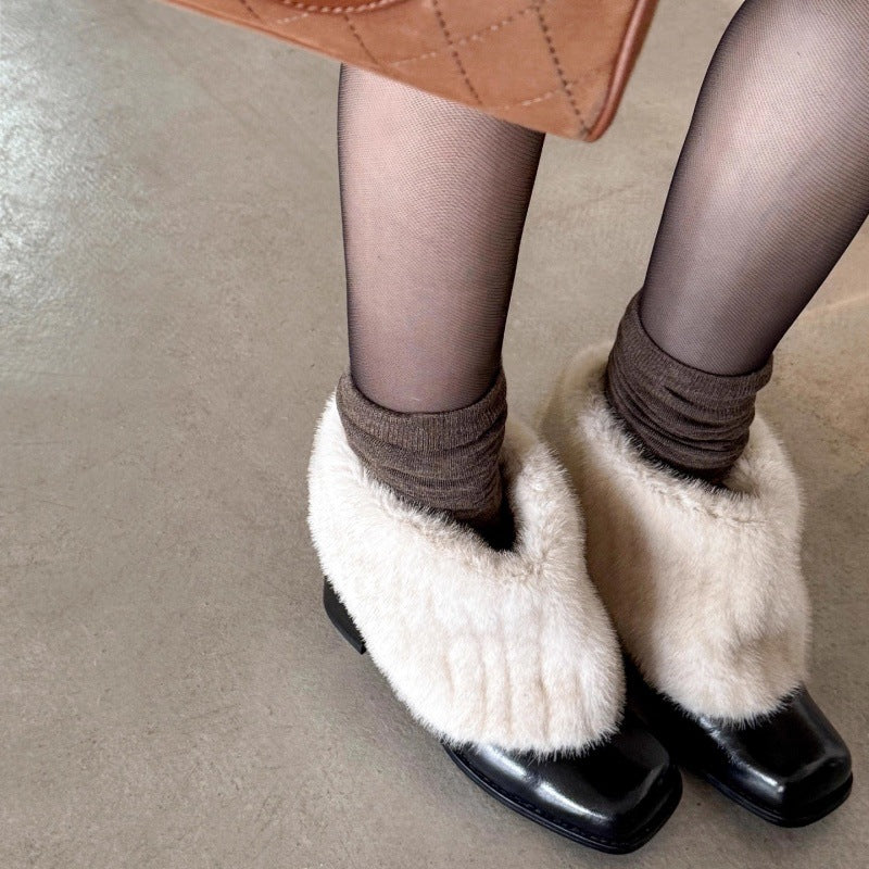Damen Elegante Stiefeletten mit luxuriösem Kunstfellkragen und bequemem Blockabsatz EB