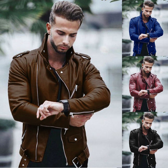 Herren nan stylische Bikerjacke aus Kunstleder mit asymmetrischem Reißverschluss und tailliertem Schnitt EB