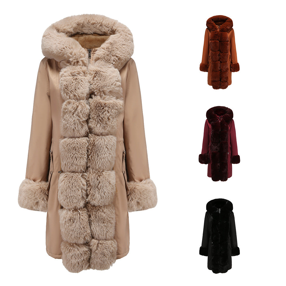 Damen modische Lange Jacke mit Kunstfellbesatz EB