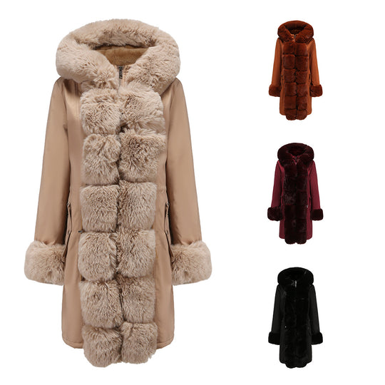 Damen modische Lange Jacke mit Kunstfellbesatz EB