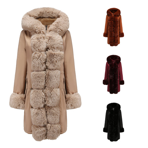 Damen modische Lange Jacke mit Kunstfellbesatz EB