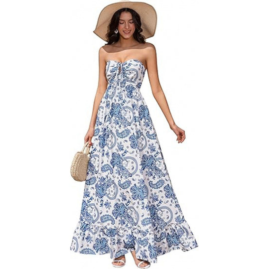 Damen Maxikleid im zeitlosen Paisleymuster mit schulterfreiem Design und voluminösem Saum EB