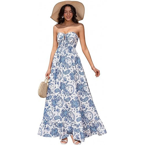 Damen Maxikleid im zeitlosen Paisleymuster mit schulterfreiem Design und voluminösem Saum EB