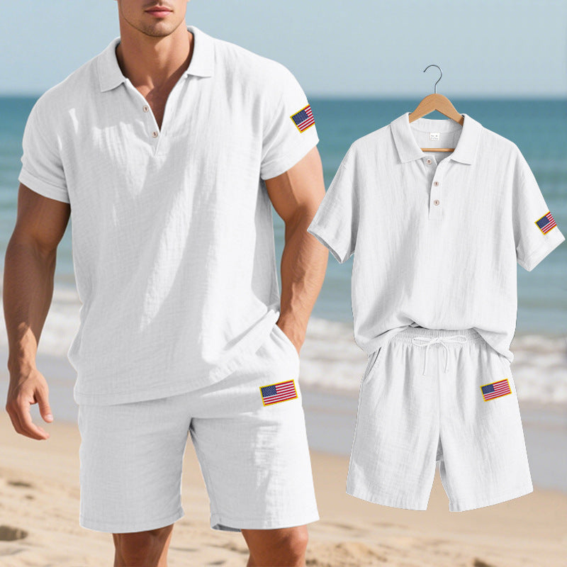 Herren Polo- und Shorts-Set mit gesticktem Länderflaggen-Motiv EB