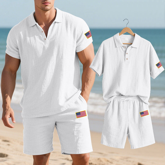 Herren Polo- und Shorts-Set mit gesticktem Länderflaggen-Motiv EB