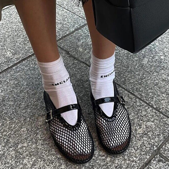Damen Ballerinas mit goldenem Netzdesign und modischem Riemchen EB