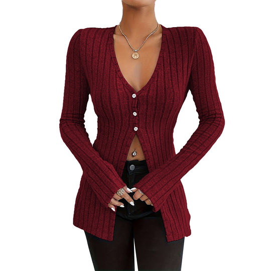 Damen gerippter V-Ausschnitt-Cardigan mit Knopfleiste taillierter Longline-Silhouette Eichborn Berlin