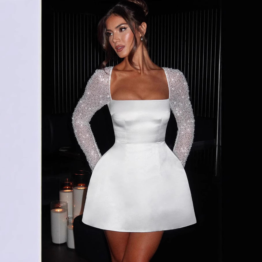 Damen Glamouröses Minikleid mit transparenten Paillettenärmeln und schwingendem Rock EB