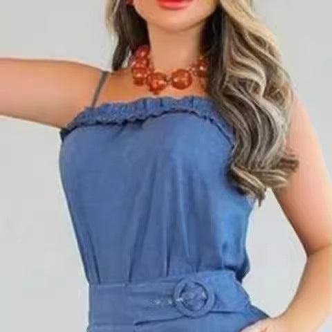 Damen lässiger Jumpsuit mit Rüschendetails und verstellbarem Taillengürtel EB