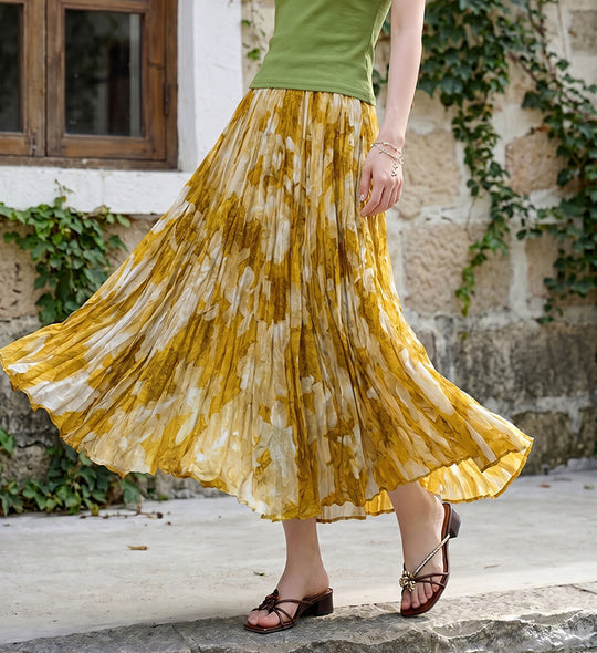 Damen  fein gefalteter Midirock mit Vintage Blumenprint und elastischem Taillenbund EB