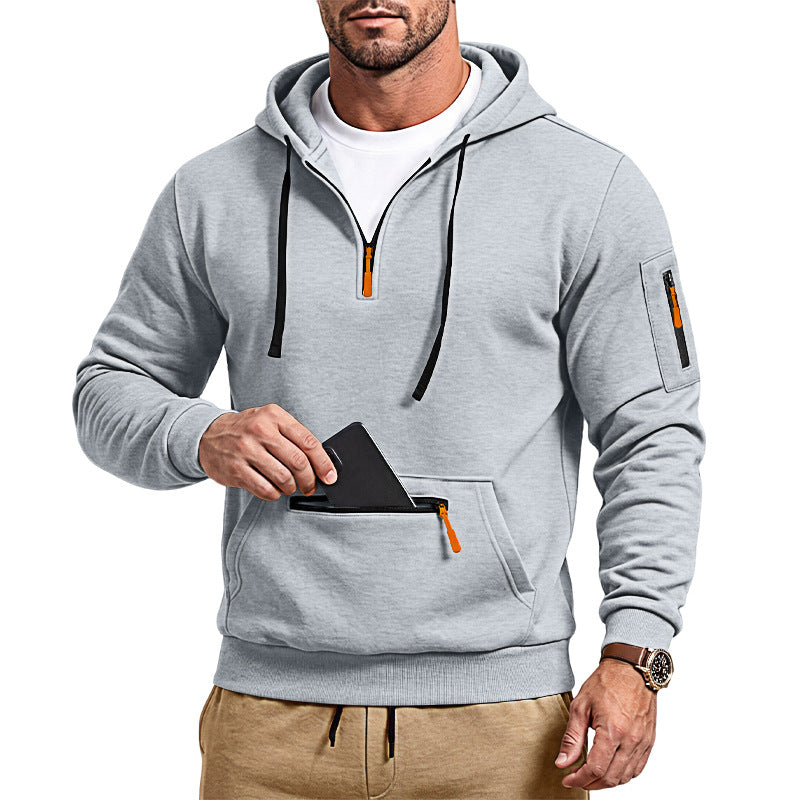 Herren sportlicher Kapuzenpullover mit halbem Reißverschluss und verschließbarer Kängurutasche EB