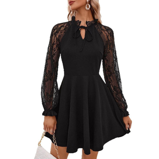 Damen Neckholder Kleid mit Spitzenärmel und eleganter Silhouette EB