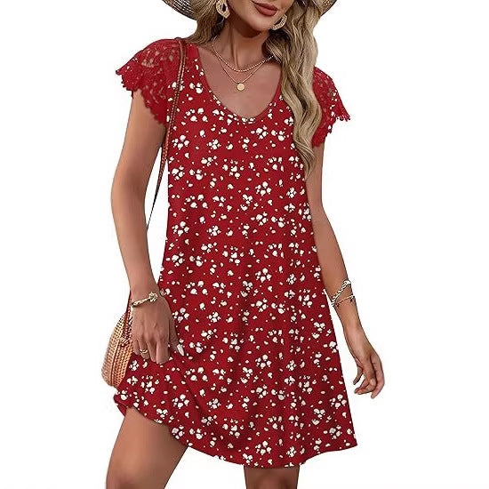 Damen Sommerkleid mit eleganten Spitzenärmeln und floralem Muster EB