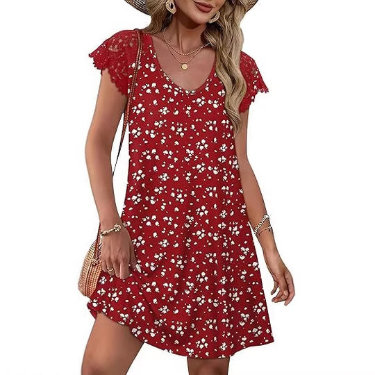 Damen Sommerkleid mit eleganten Spitzenärmeln und floralem Muster EB