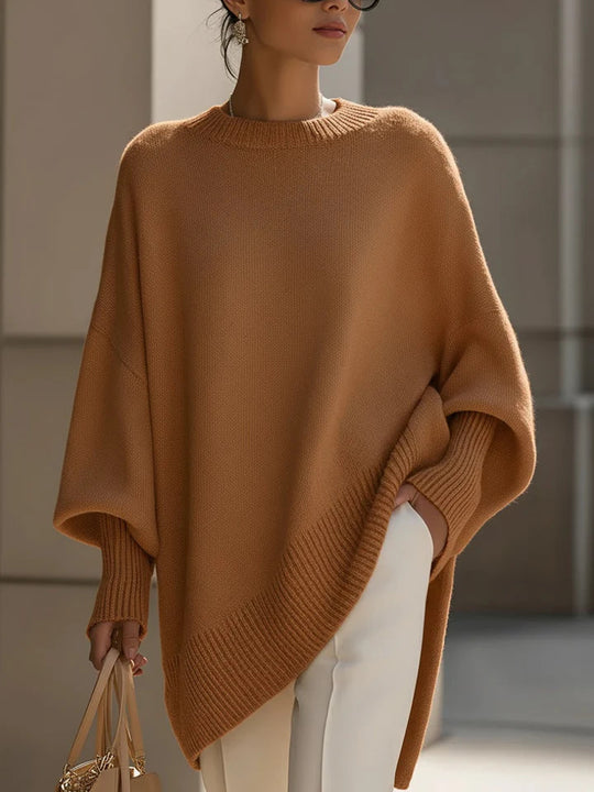 Damen nan Oversize Strickponcho mit asymmetrischem Saum und gerippten Ärmeln EB